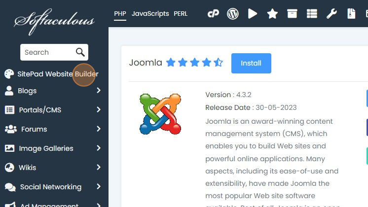 SitePad Website Builder en el listado de Softaculous