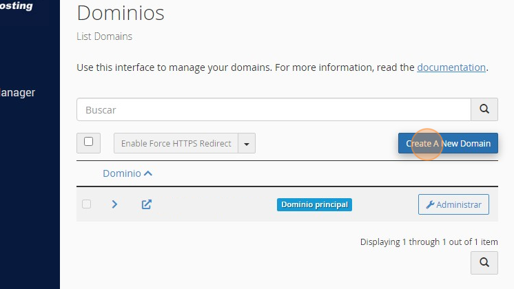 Formulario para crear un nuevo dominio en cPanel