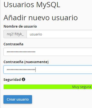 usuario y contraseña base de datos mysql