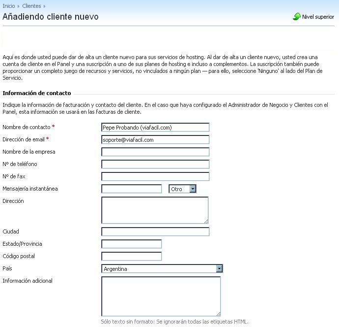 Formulario de datos del cliente en Plesk