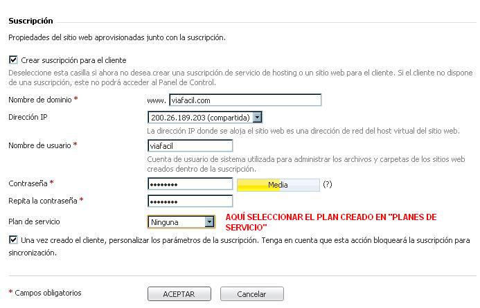 Dominio y plan de servicio en Plesk