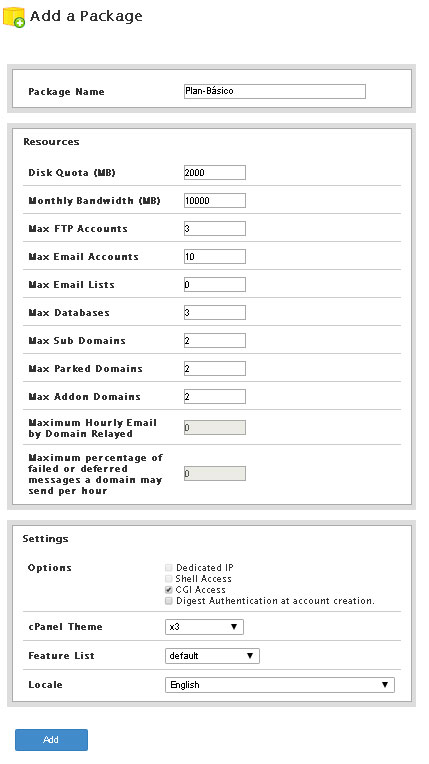 Formulario Add a Package en WHM